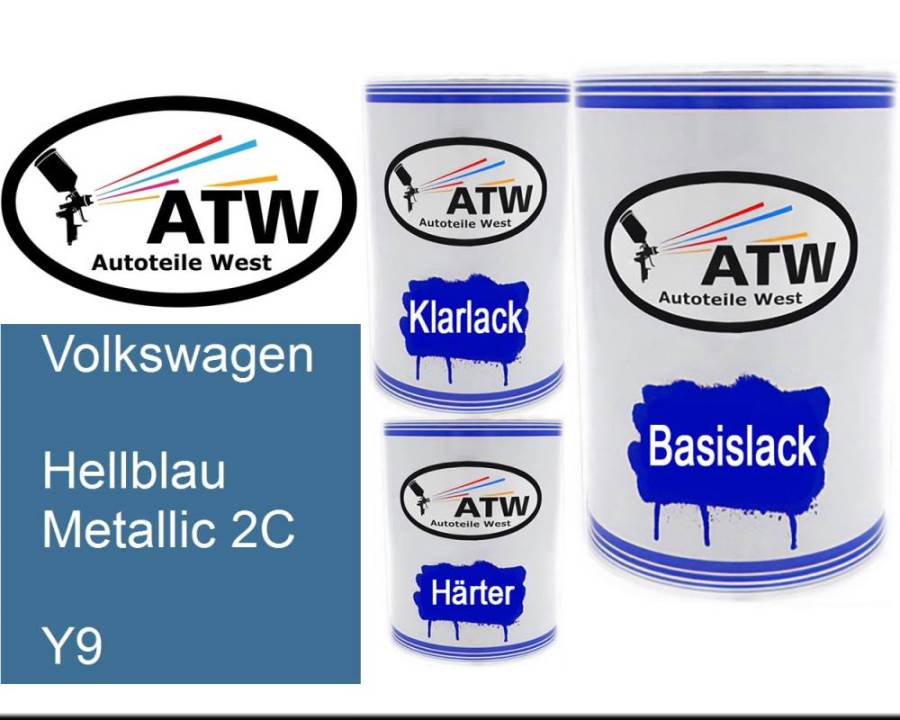 Volkswagen, Hellblau Metallic 2C, Y9: 500ml Lackdose + 500ml Klarlack + 250ml Härter - Set, von ATW Autoteile West.